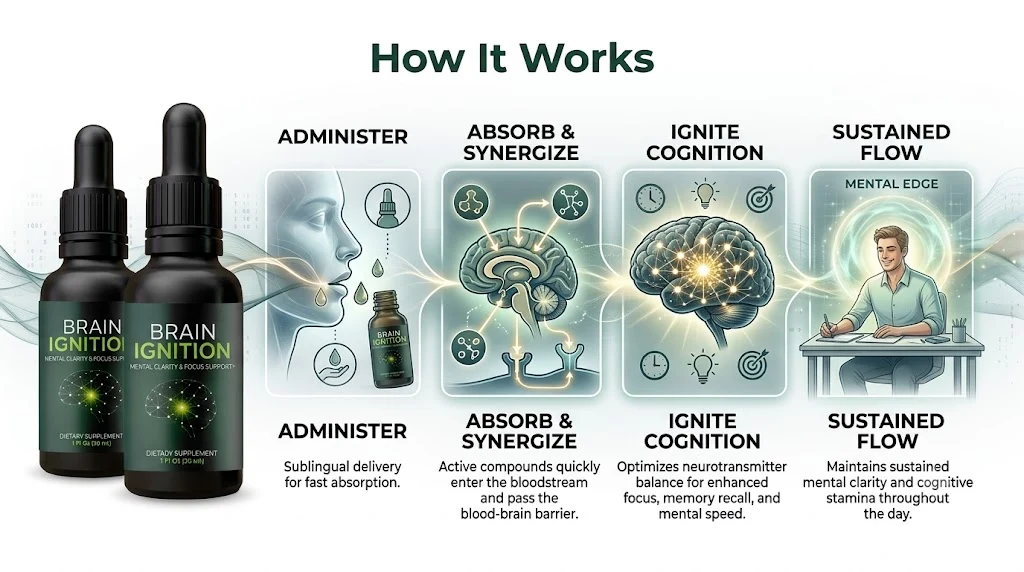 Brain Ignition how it works graphic: administer, absorb and synergize, ignite cognition, sustained flow